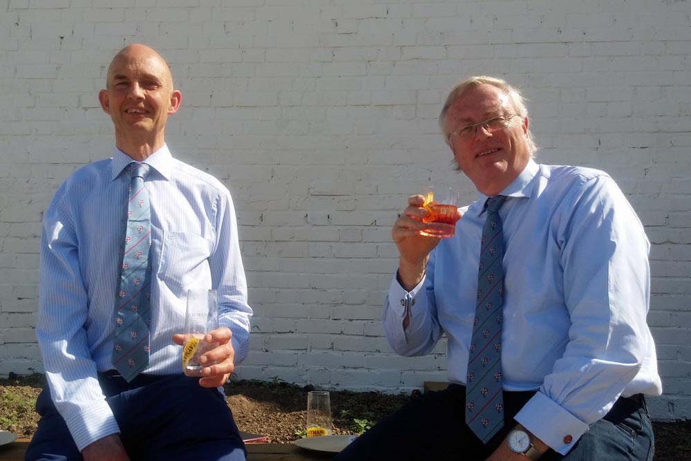John Jeyes and Robert Gibson enjoying lunch at Haymans gin distillery