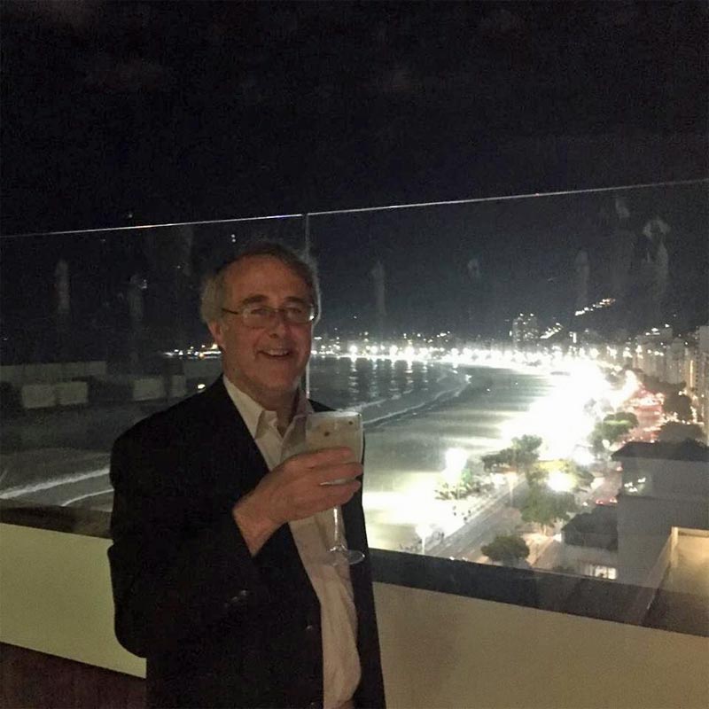 Hon Sec Nick Ellis drinking Amazzoni at the Copacabana, Rio