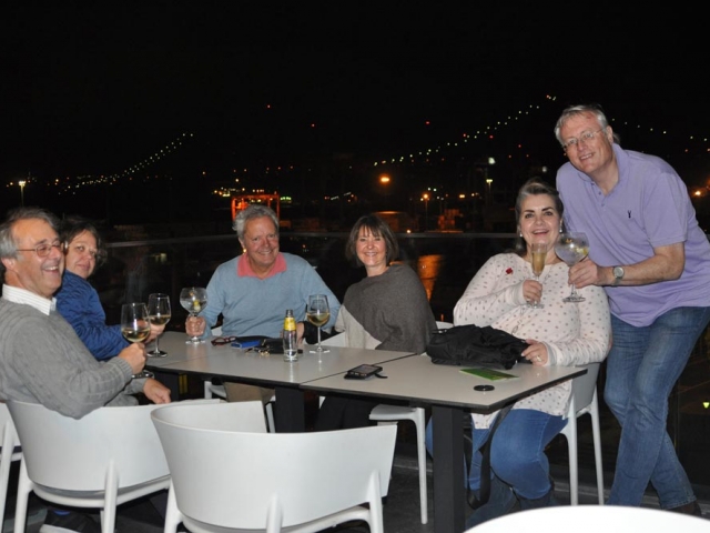 First drink of Portugal weekend at Le Chat overlooking bridge over the Tagus